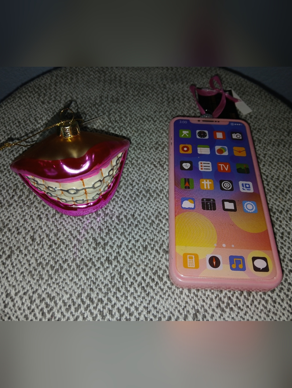 2 New ROBERT STANLEY ornaments Lips Braces Cellphone